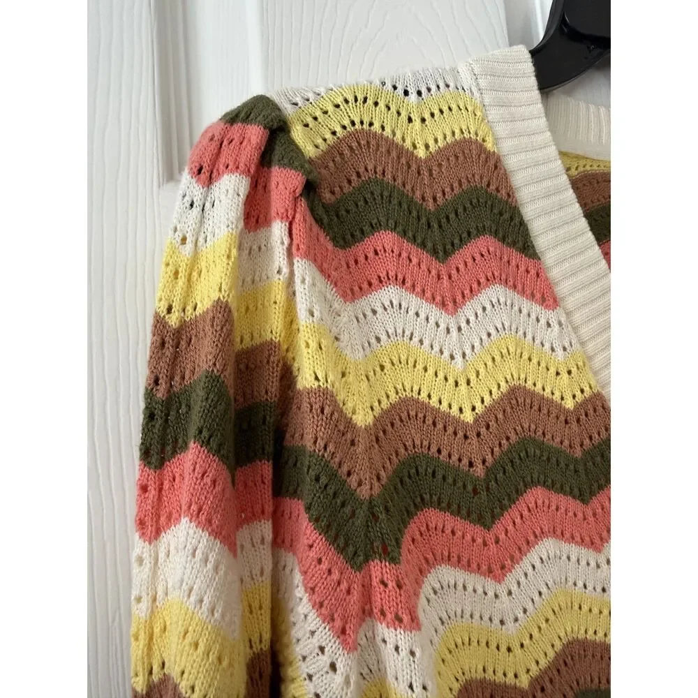 AnyBody Chevron Pointelle Knit Puff‎ Sleeve Cardigan - Size XL